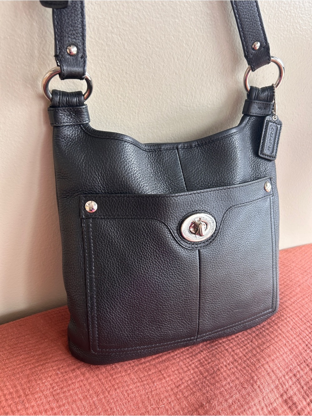 Coach Penelope F16533 Black Pebbled Leather Turnlock Crossbody Bag